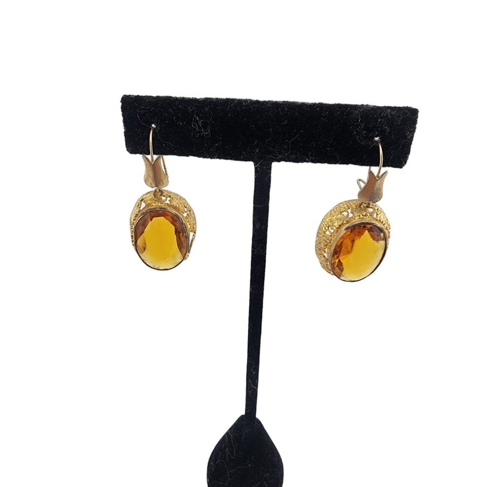 Antique Stunning Decorative Faceted Bezel Set Glass Older Pierced Earrings A3260